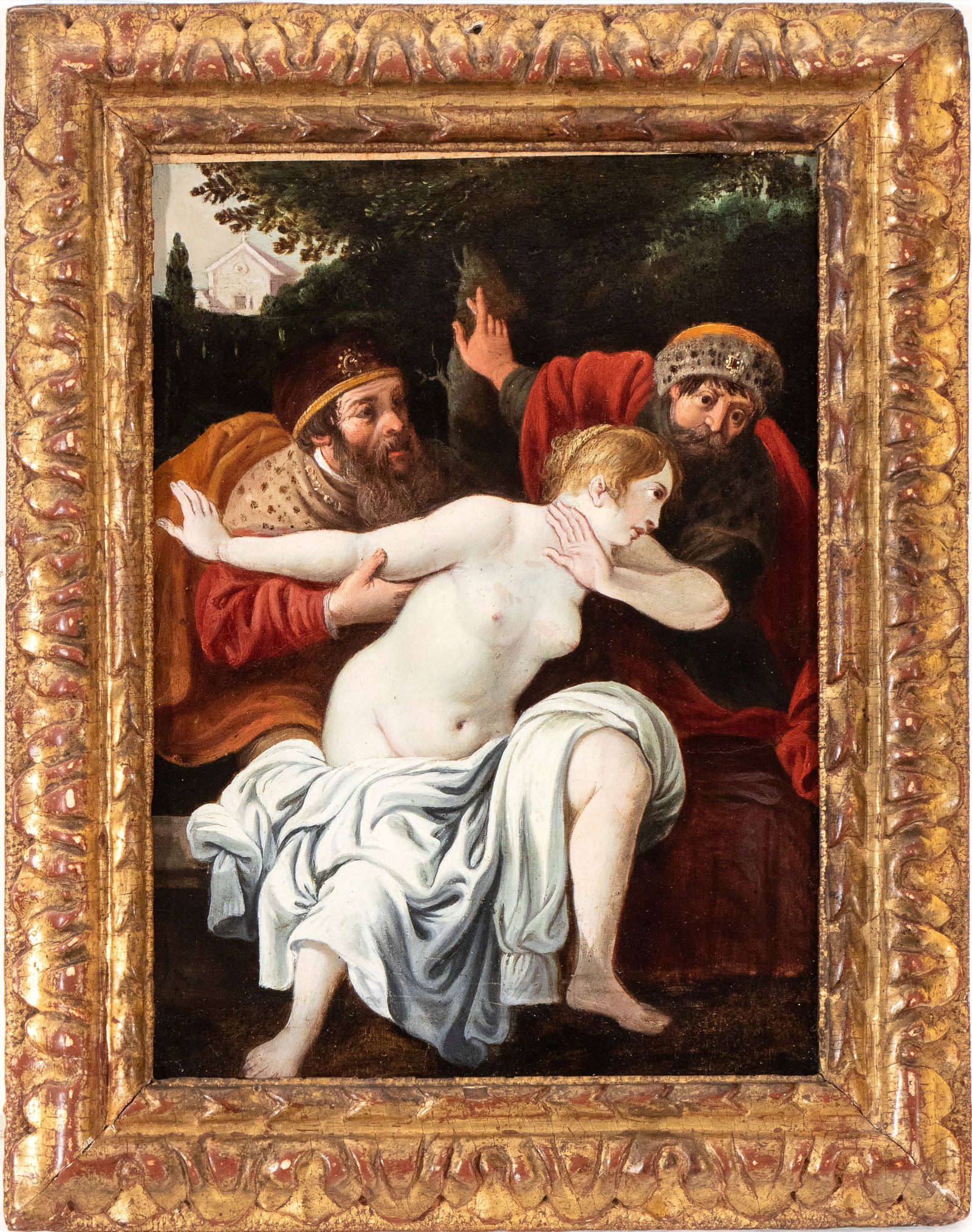 Artista fiammingo, XVII secolo (): Susanna and the Elders Oil on copper cm. 23x17. Framed