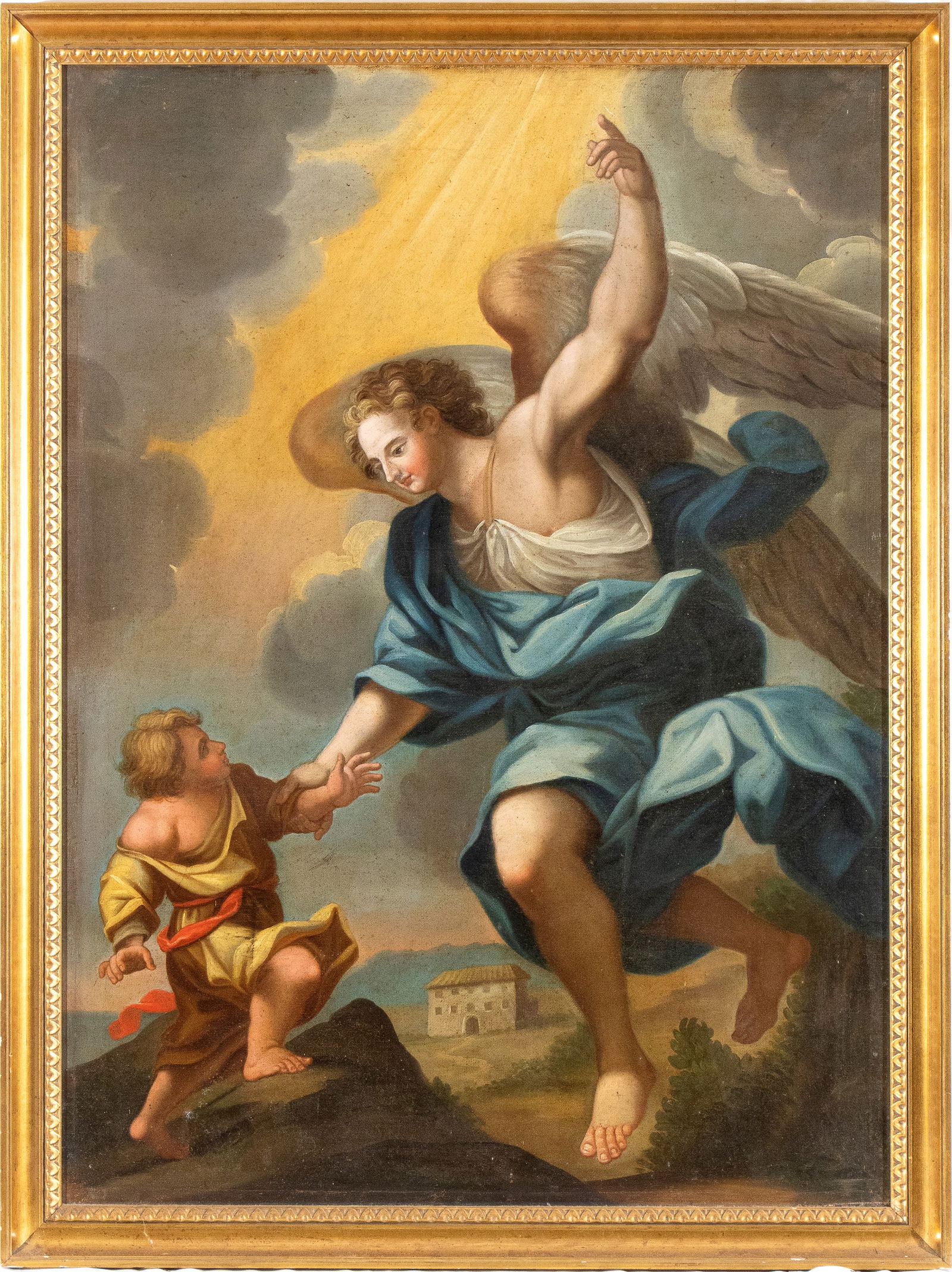 Scuola napoletana, XVIII secolo (): The guardian angel Oil on canvas cm. 135,5x99. Framed Private collection, Rome.