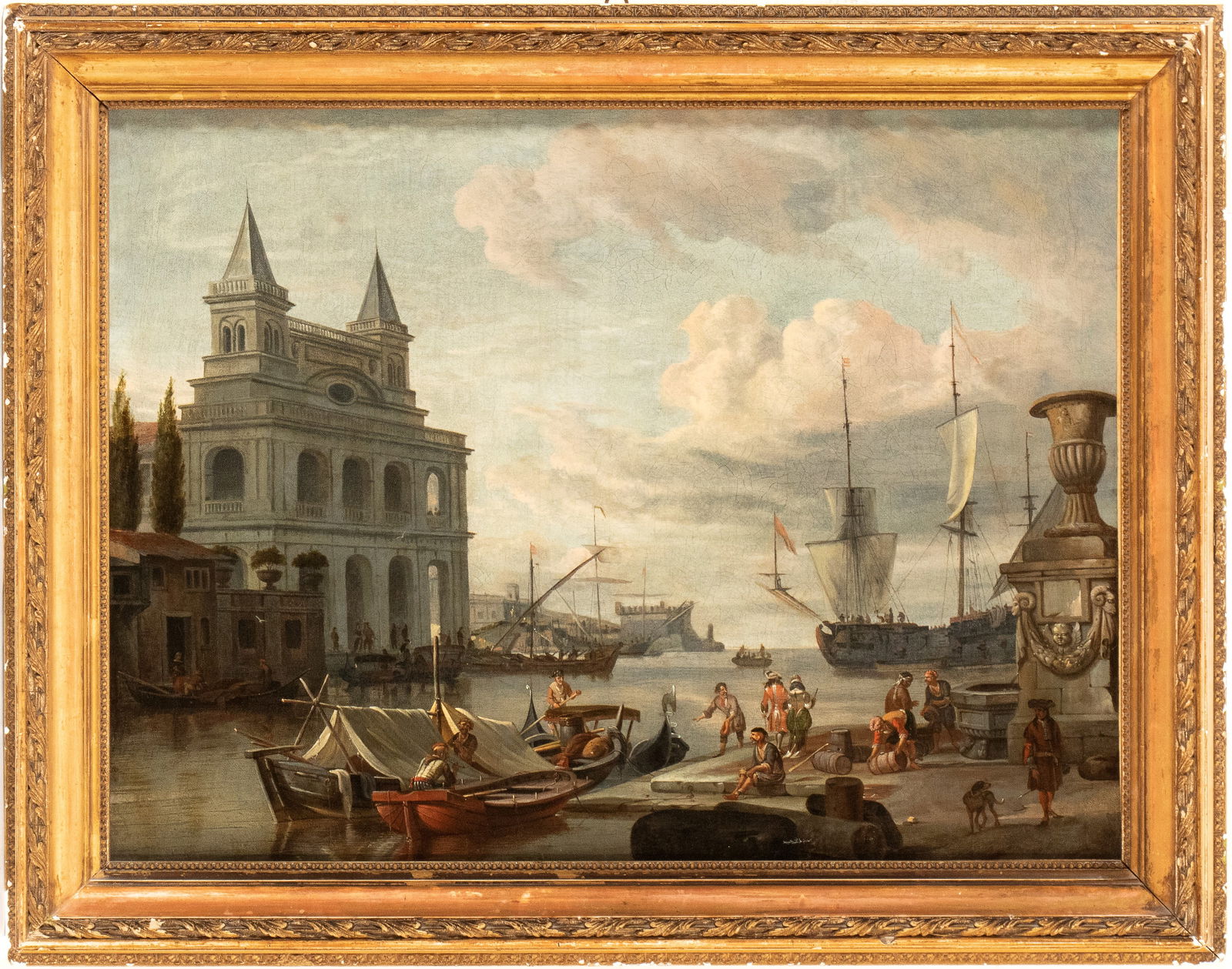Artista olandese, seconda metà XVII secolo (): Marina with harbor, boats, and figures Oil on canvas cm. 50,5x66 ca. Private collection, Rome.