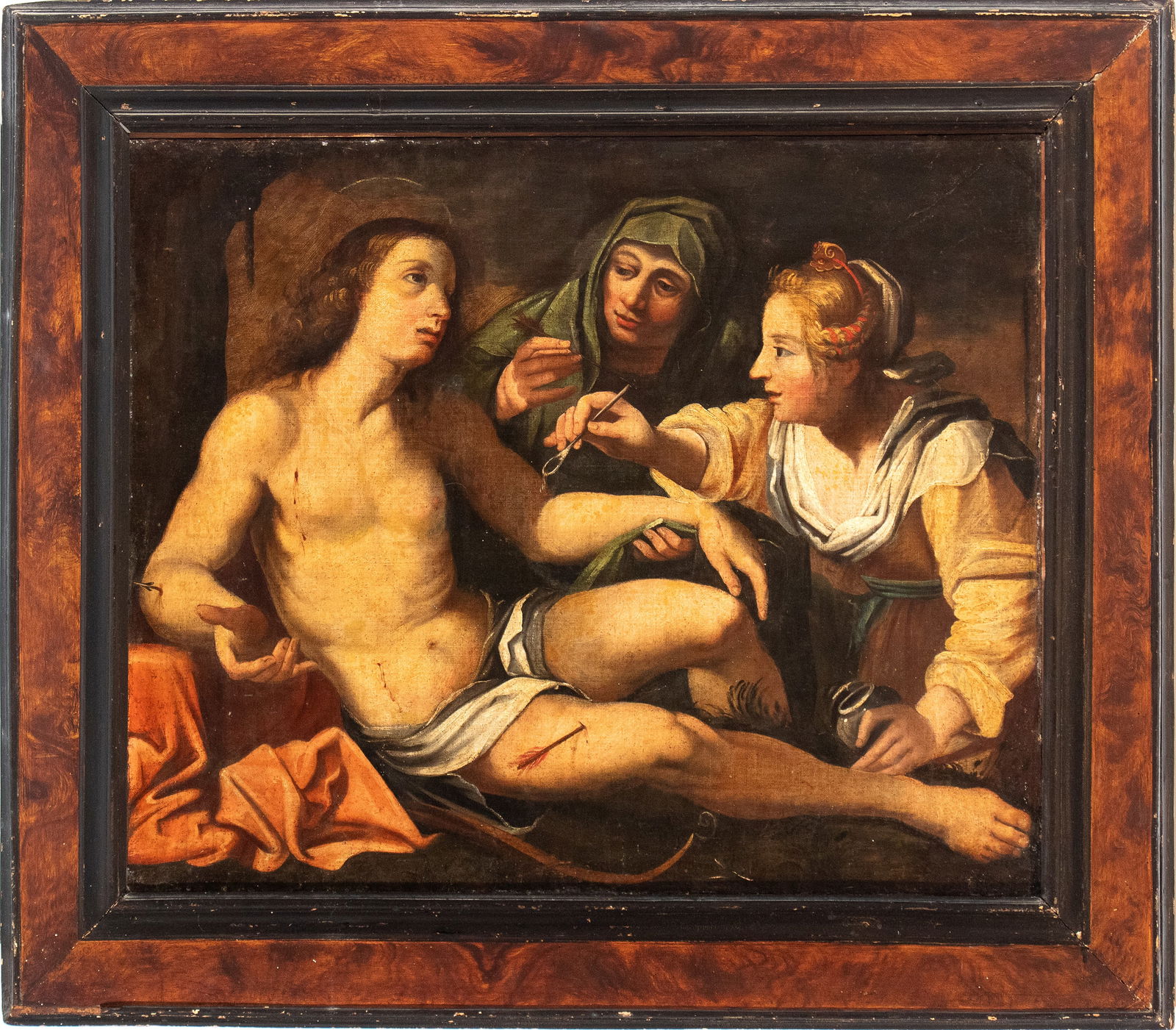 Artista veneto, XVII secolo (): Saint Sebastian tended by the Pious Women Oil on canvas cm. 86x102. Framed Private collection, Rome.