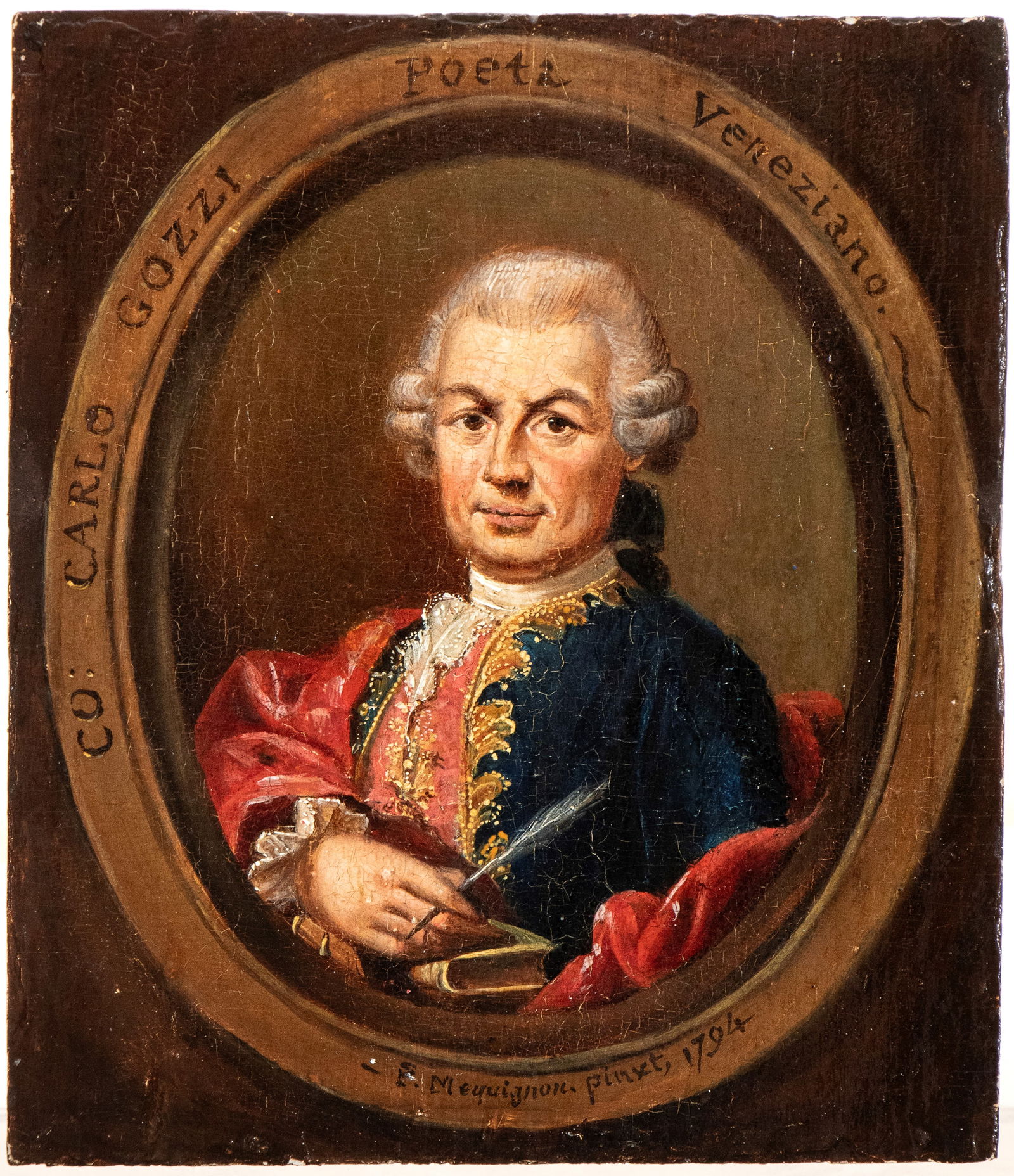Peter Mequignon (attribuito a) (1768 - 1826): Portrait of Carlo Gozzi Oil on panel cm. 27x18. Framed The painting bears a brush inscription along the oval band around the portrait: “CO: CARLO GOZZI POETA VENEZIANO. / P. MEQUIGNON PINXIT, 1794.&
