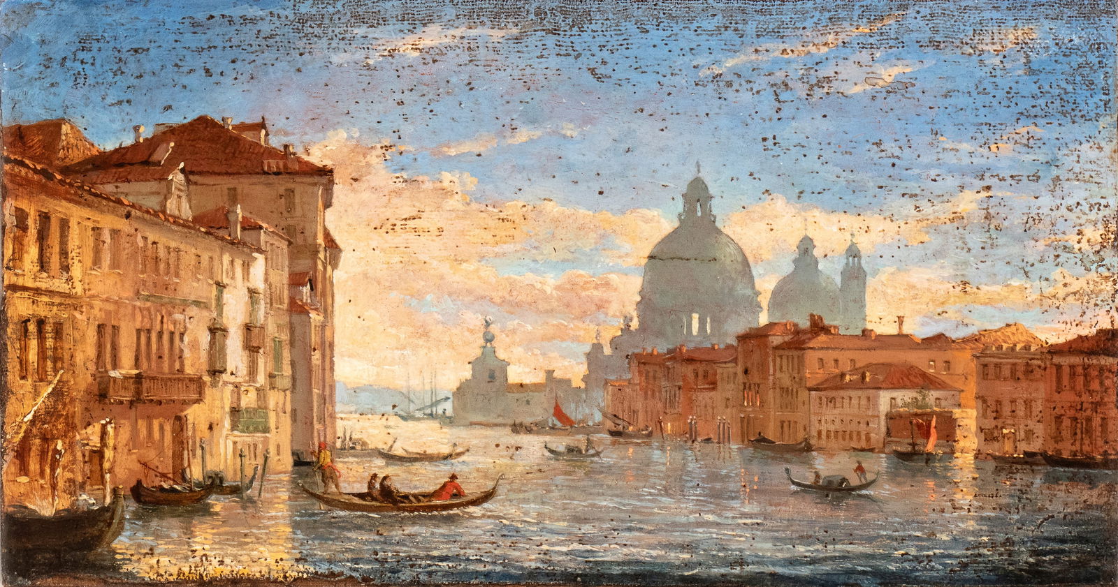 Artista attivo a Venezia, fine XIX - inizio XX secolo (): Grand Canal with Punta della Dogana and Santa Maria della Salute in the background Oil on canvas cm. 27x49