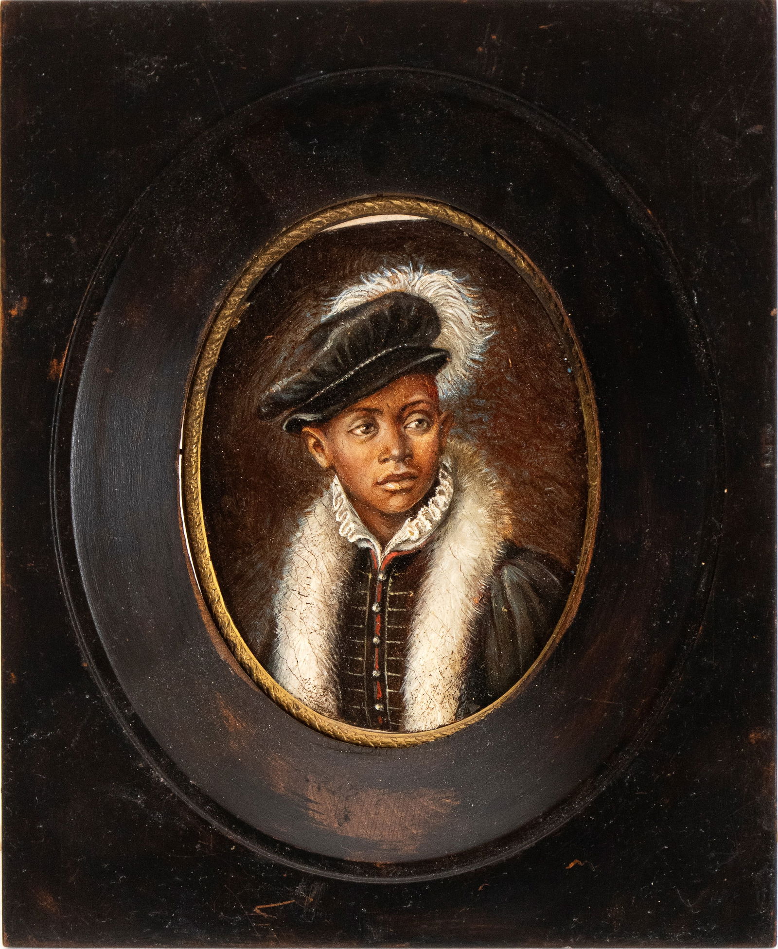 Artista XVII secolo (): Portrait of a Moor with fur collar and feathered hat Oil on copper cm. 12x9. Framed