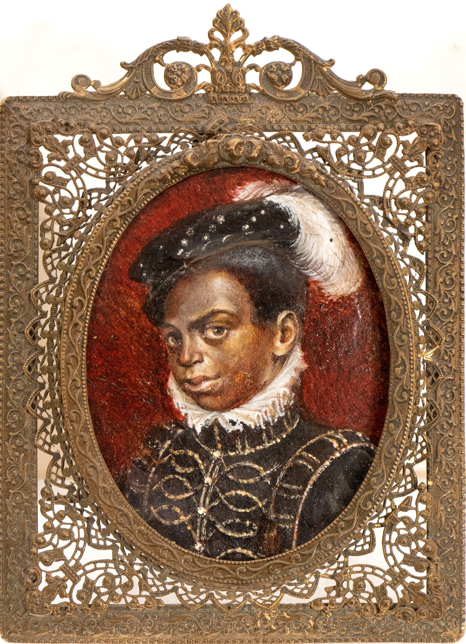 Artista XVII secolo (): Portrait of a Moor with ruff and feathered hat Oil on copper cm. 8,5x6,5. Framed