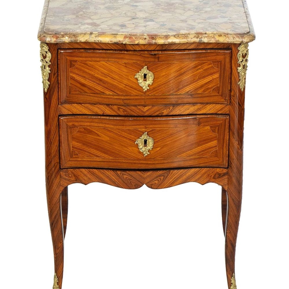 Louis XVI drawer - France, 18th century: Louis XVI drawer - France, 18th centuryHight x width x depth: 84 x 62 x 45 cm"Aleppo breccia" marble top with two inlaid drawers on the front of the cabinet. Embellished with gilt bronze ornaments.Ite