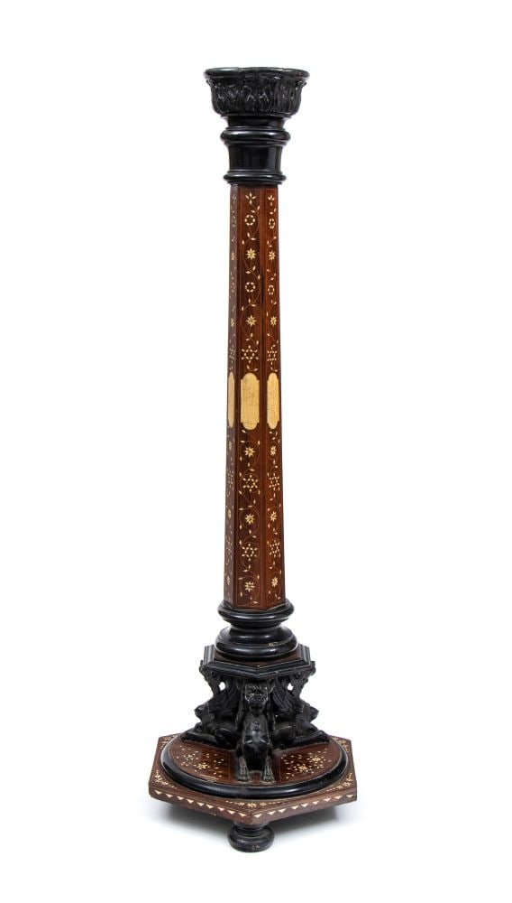 Inlaid vase stand - Milan area, 19th century: Inlaid vase stand - Milan area, 19th centuryHeight x diameter: 131 x 45 cmmade of rosewood and ebonized wood, richly decorated with floral and geometric bone inlays. The polygonal body is embellished