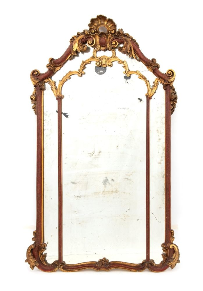 Italian gilded and lacquered mirror - Venetian, early 19th century: Italian gilded and lacquered mirror - Venetian, early 19th centuryHeight x width x depth: 181 x 107 x 12 cm.early 19th century, red lacquer and gold leaf, finely painted with floral motifs.Item condit