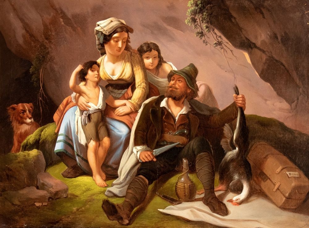 Scuola austriaca del XIX secolo () Family Resting On Their Return Home - 19th century: Scuola austriaca del XIX secolo() Family Resting On Their Return Home - 19th centuryHeight x width x depth with frame: 102 x 127 x 10 cm. Height x width of canvas: 84 x 103 cm.This finely executed wor