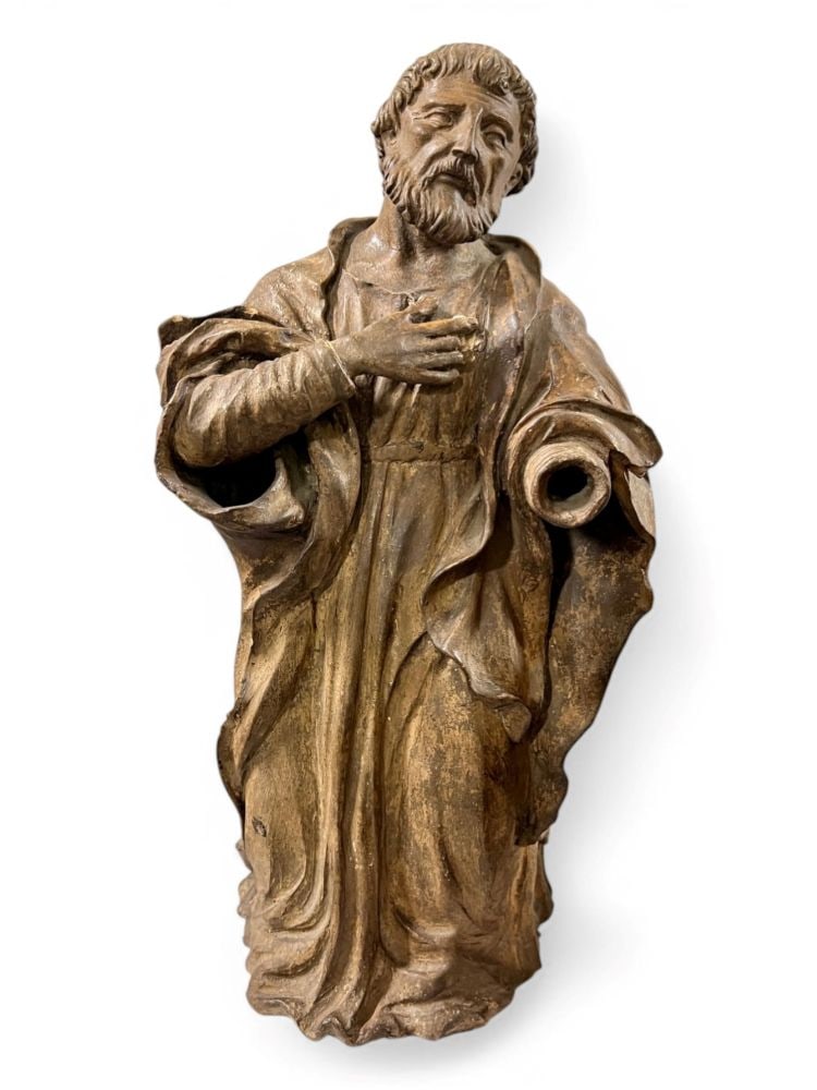 Terracotta statue depicting Saint Joseph - Italy, 17th century: Terracotta statue depicting Saint Joseph - Italy, 17th centuryHeight x width x depth: 51 x 27 x 24 cmdepicted according to classical iconography with a beard and loose, heavy robes. His right hand is