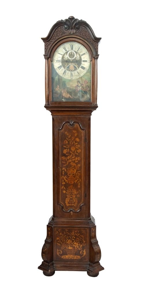 PAULUS BRAMER (1730-1760 circa) () Dutch longcase clock - Amsterdam, mid-18th century: PAULUS BRAMER (1730-1760 circa)() Dutch longcase clock - Amsterdam, mid-18th centuryHeight x width x depth: 242 x 66 x 31 cm.walnut case inlaid with fruitwood floral motifs, upper part painted with my