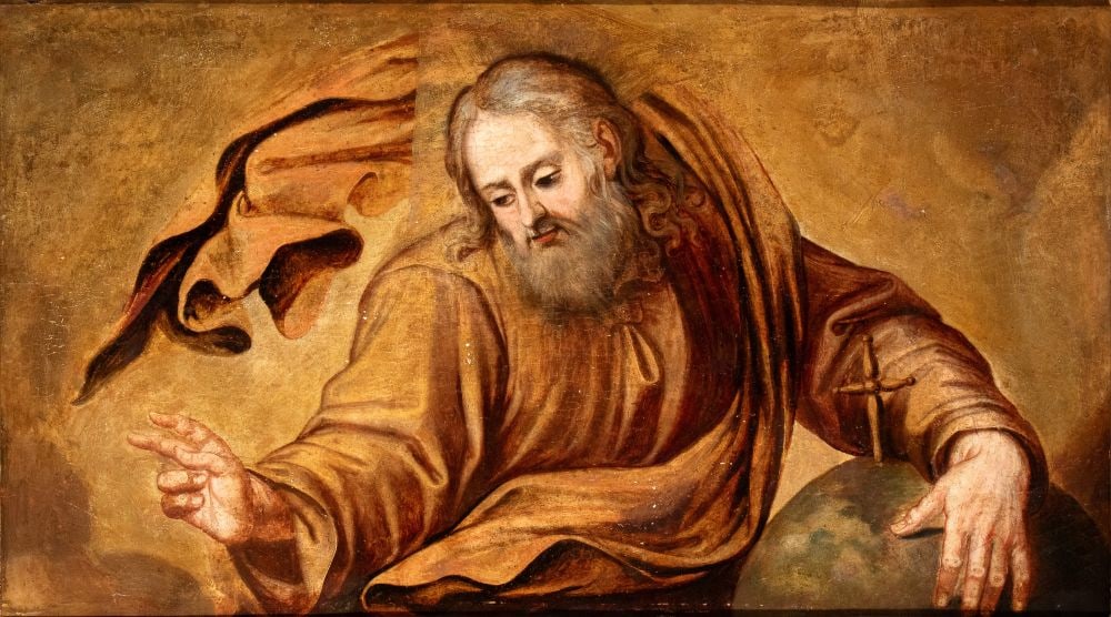 God the Father blessing - Italy, 18th century: God the Father blessing - Italy, 18th centuryHeight x width with frame: 89 x 133 cmoil on boarddepicted in a half-length portrait as he looks downward and points with his right hand. The figure, chara