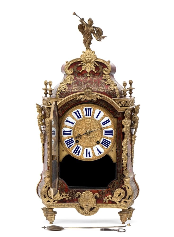 Boulle-style mantel clock signed B. Baltazar Paris - France, 19th Century: Boulle-style mantel clock signed B. Baltazar Paris - France, 19th CenturyHeight x width x depth: 86 x 45 x 16 cm.ebonized wood with rich application of gilded bronze with plant motifs and masks, inlai