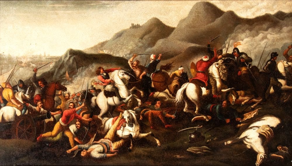 Painting depicting a battle scene between European and Ottoman cavalry - 19th century (1 of 4)