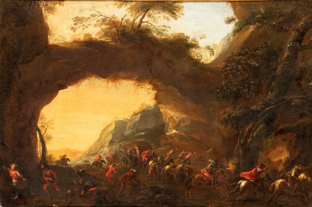 Georg Philipp Rugendas (cerchia di) (1666 - 1742) Landscape painting depicting a bandit ambush and (1 of 5)