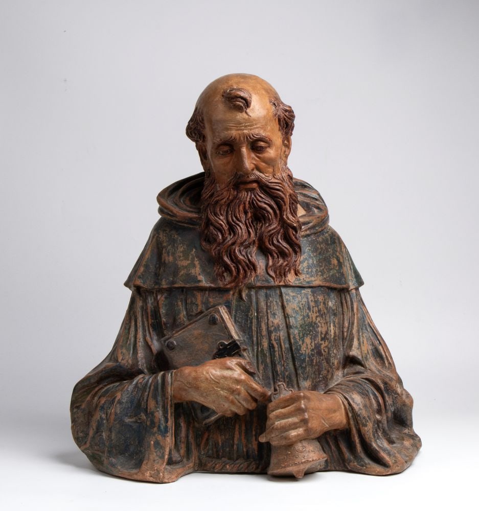 Francesco di Giorgio Martini (cerchia di) (Siena 1439 - Siena 1501) Terracotta bust of Saint: Francesco di Giorgio Martini (cerchia di)(Siena 1439 - Siena 1501) Terracotta bust of Saint Anthony the Abbot - Late 15th centuryHeight x width x depth: 47 x 45 x 29 cmdepicted in the customary Sienes
