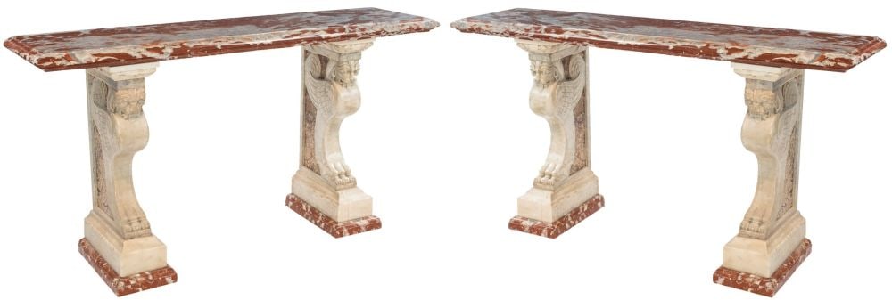Pair of marble side tables - Rome, late 17th century: Pair of marble side tables - Rome, late 17th centuryHeight x width x depth: 90 x 170 x 42 cmwith a red France-patterned top and white marble bases featuring inlays of Civitavecchia shell.Item conditio