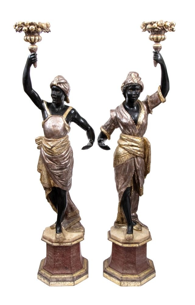 Pair of Venetian Moretto-style candle holders - Late 19th century – early 20th century: Pair of Venetian Moretto-style candle holders - Late 19th century – early 20th centuryHeight x width x depth: 195 x 55 x 45 cmNorthern Italy, depicting a man and a woman in exotic attire, carved fro
