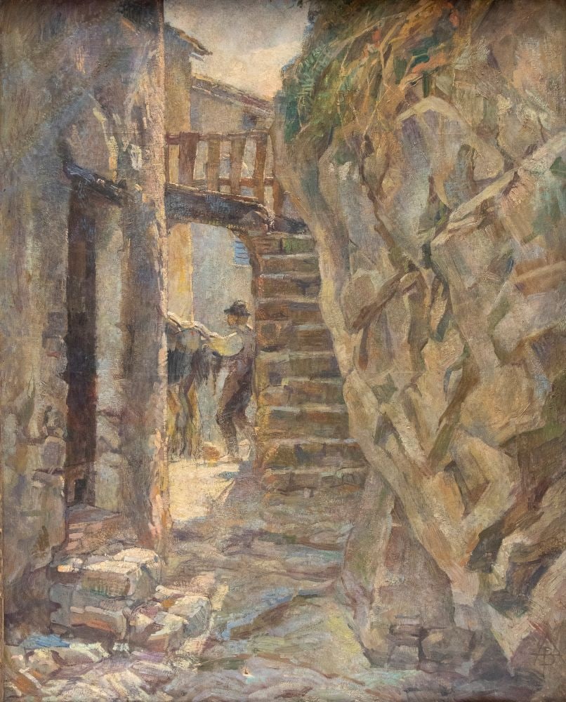 Rural scene - Italy, early 19th century: Rural scene - Italy, early 19th centuryHeight x width with frame: 106 x 86 cmfeaturing a male figure engaged in an everyday activity, likely related to work. The rustic architecture blends with the ve