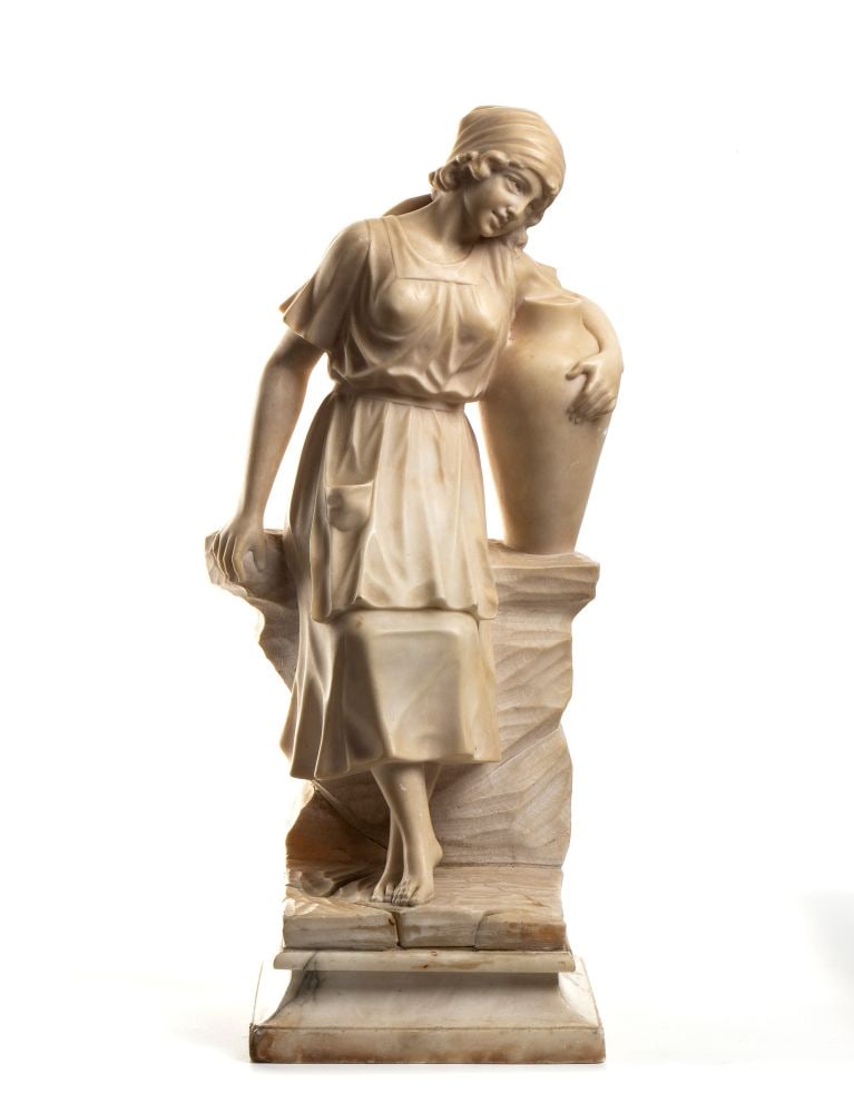 French alabaster sculpture - 19th century: French alabaster sculpture - 19th centuryHeight x width x depth: 58 x 21 x 23 cmdepicting a water-bearing woman.Item condition grading: **** good.The lot is in a good state of preservation with the no