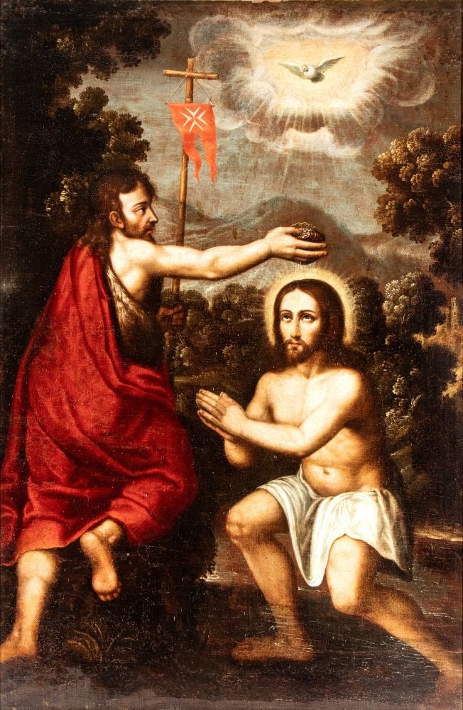 Painting depicting the Baptism of Christ - Italy, 19th century: Painting depicting the Baptism of Christ - Italy, 19th centuryHeight x width with frame: 148 x 100 cmoil on canvasinspired by 17th-century Emilian painting. Non-original frame.Item condition grading: