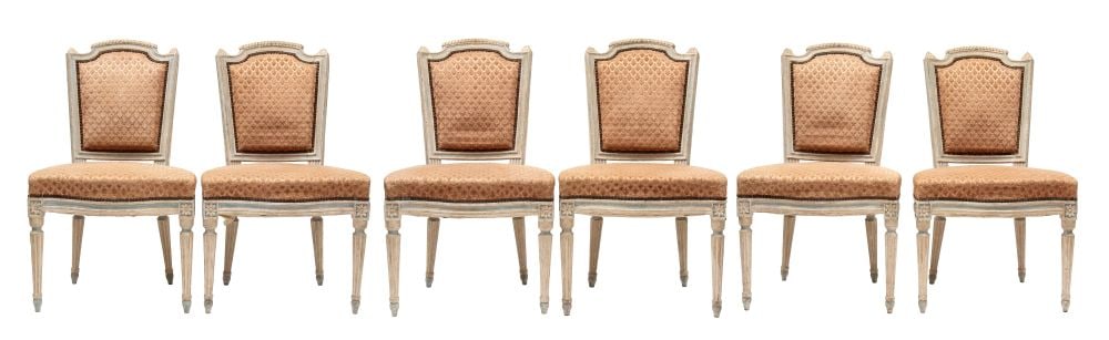 Six lacquered chairs - Venice, 19th century: Six lacquered chairs - Venice, 19th centuryHeight x width x depth: 85 x 50 x 45 cm(circa 1800–1840), carved and lacquered wood, made in Venice. Contoured backrest with a molded cornice, a band decor