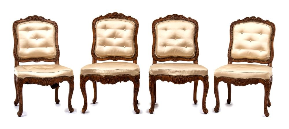 A group of four French Regency armchairs - France, 1715-1730: A group of four French Regency armchairs - France, 1715-1730Height x width x depth: 95 x 54x 49 cm.without armrests with St. Jacques shell backs and with rare crisscross weave; this type was created t