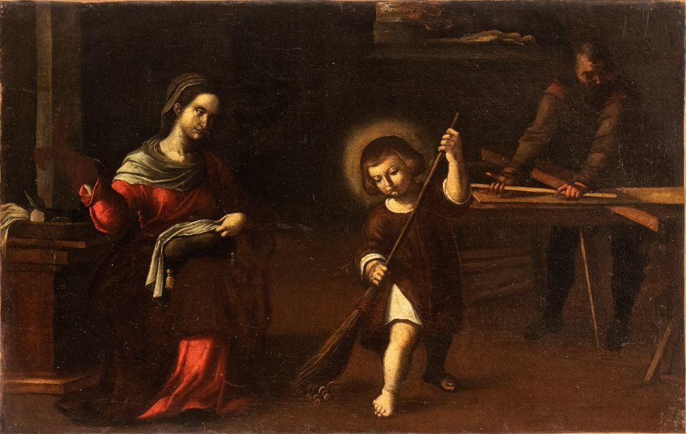 Artista centro-italiano, XVII secolo () The Holy Family in Saint Joseph's Workshop - 17th century: Artista centro-italiano, XVII secolo() The Holy Family in Saint Joseph's Workshop - 17th centuryHeight x width: 72 x 46 cm.Oil on canvasdepicting the Holy Family in Joseph's workshop, shown on the rig