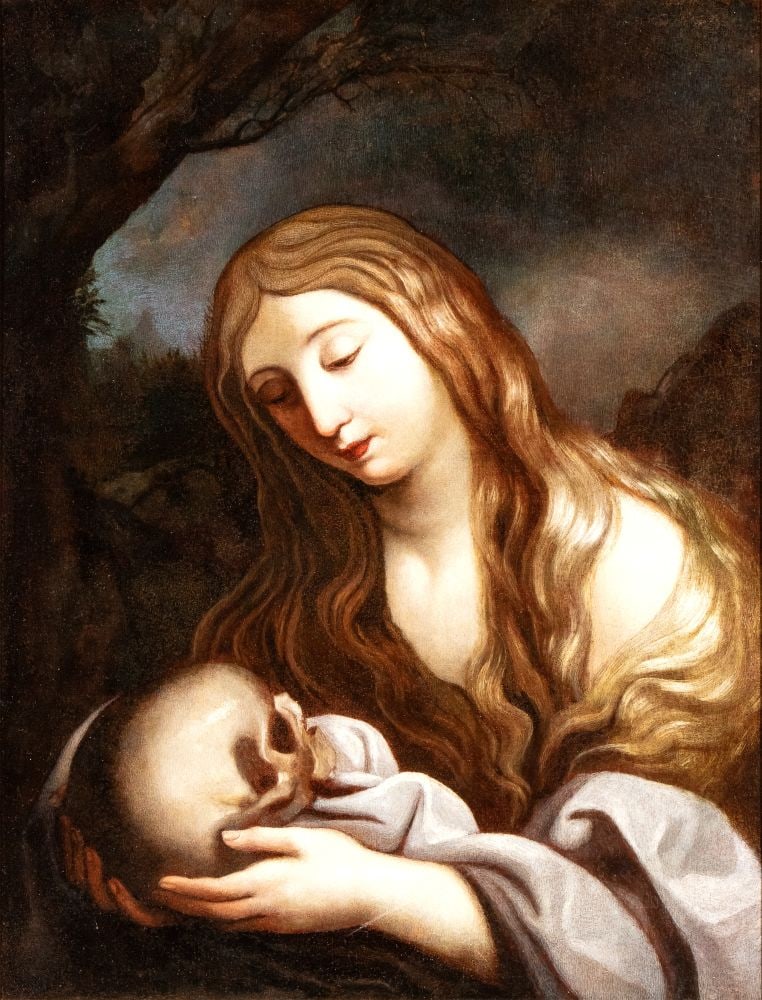 Memento Mori Painting - 20th century: Memento Mori Painting - 20th centuryHeight x width with frame: 94 x 76 cmoil on canvas featuring a female figure, European schoolItem condition grading: **** good.The lot is in a good state of preserv