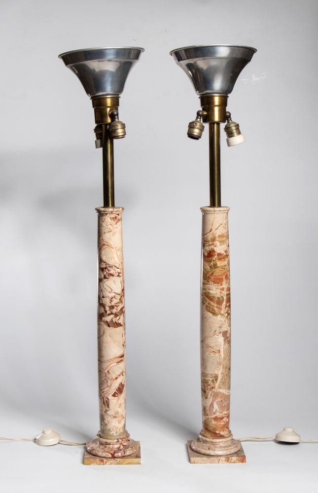 Pair of lamps made of brecciated marble - 1950 circa: Pair of lamps made of brecciated marble - 1950 circaHeight x diameter: 84 x 13 cmcolumn-shaped with a square base, of Italian origin.Item condition grading: **** good.The lot is in a good state of pre