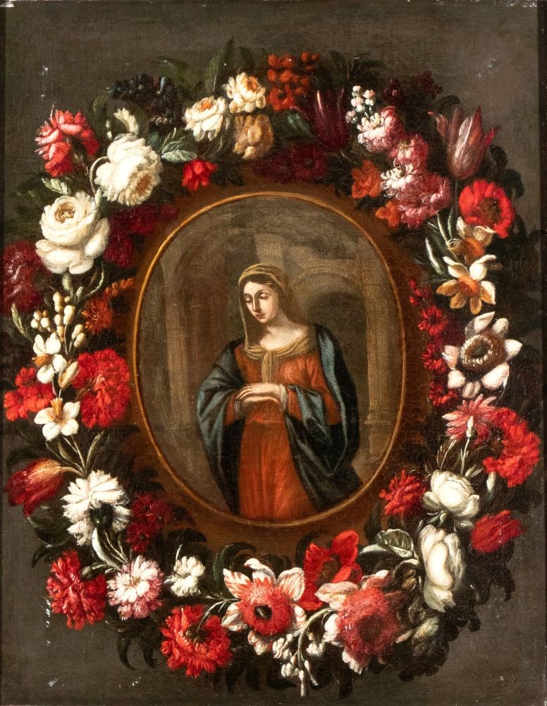 Painting of the Madonna in a garland of flowers - Italy, 20th century: Painting of the Madonna in a garland of flowers - Italy, 20th centuryHeight x width with frame: 76 x 62 cmoil on canvasItem condition grading: **** good.The lot is in a good state of preservation with