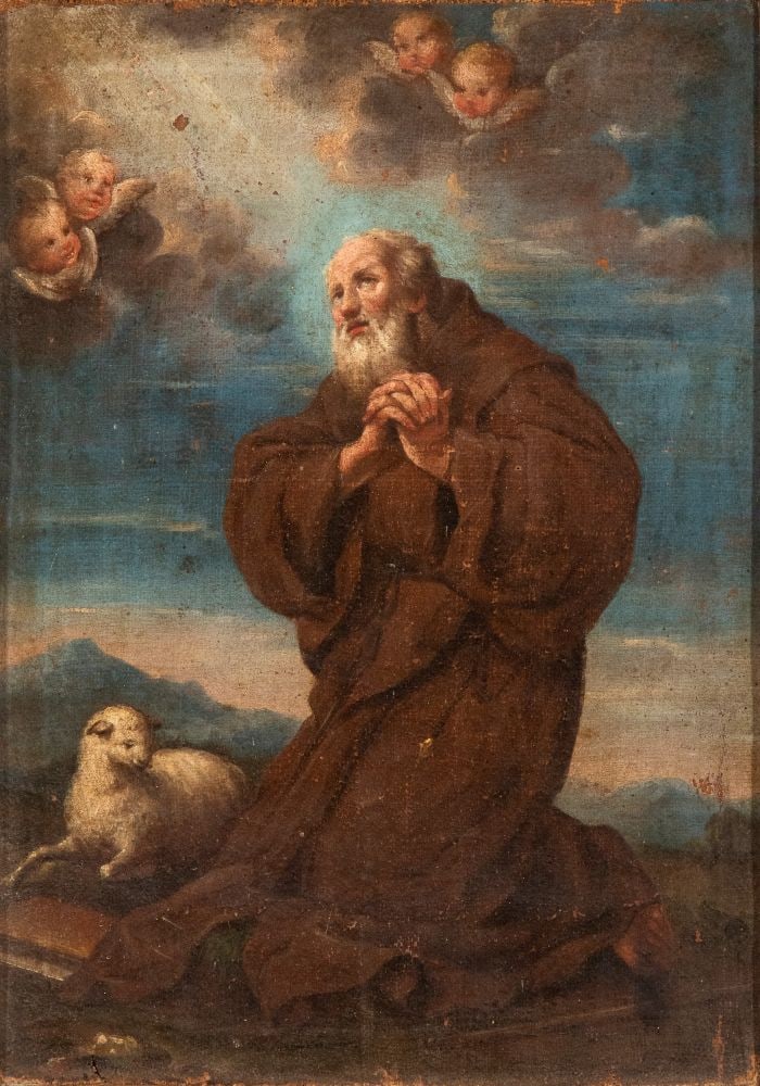 Artista napoletano, XVIII secolo () Vision of Saint Francis of Paola - 18th century: Artista napoletano, XVIII secolo() Vision of Saint Francis of Paola - 18th centuryHeight x width with canvas: 40 x 29 cm, with frame: 53 x 29 cm.Oil on canvasdepicting Saint Francis of Paola in the ha