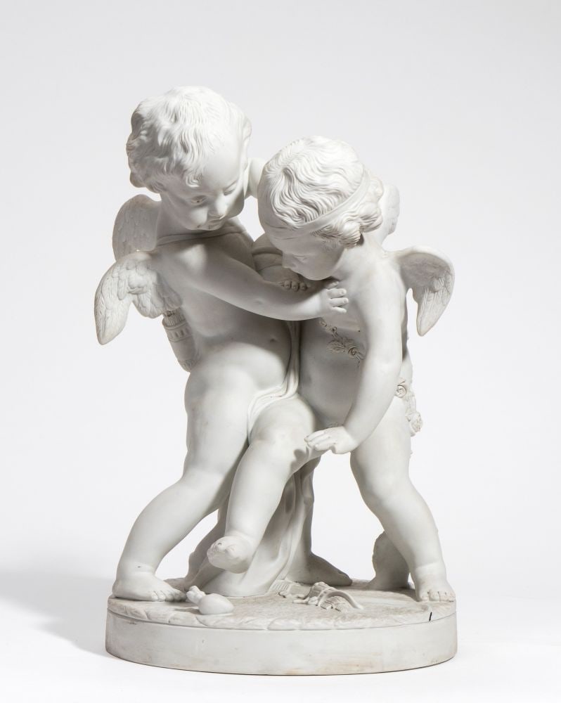 Biscuit porcelain sculpture - France, 20th century: Biscuit porcelain sculpture - France, 20th centuryHeight x width x depth: 41 x 26 x 24 cm.sculpture depicting Eros and Anteros fighting over a heart, a copy of a work by Jean-Baptiste Pigalle, as can