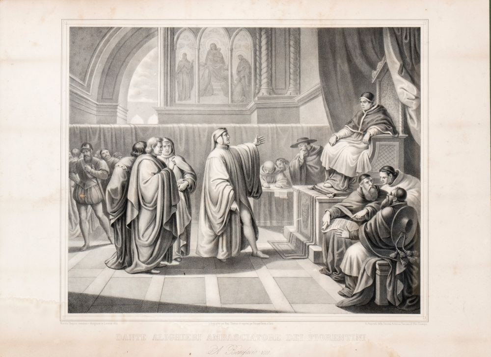 Printed depictng Dante Alighieri - Italy, 19th century: Printed depictng Dante Alighieri - Italy, 19th centuryHeight x width x depth: 73 x 92 x 2 cm.entitled “Dante Alighieri, ambassador of the Florentines.”Item condition grading: **** good.