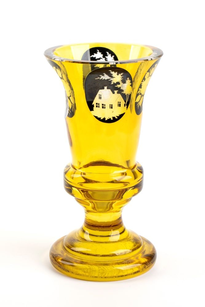 Bohemia crystal glass - 20th century: Bohemia crystal glass - 20th centuryHeight x maximum diameter: 17 x 9 cm. Thickness 7 mm. Weight 678 gYellow-coloured, cut and engraved with floral and landscapes decorations in Biedermeier style.Item