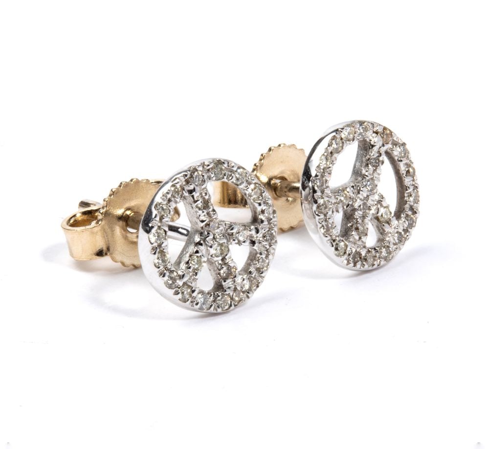 Gold diamond earrings: Gold diamond earrings 18k white gold, featuring the peace symbol (CND) with pavé set round brilliant-cut diamonds, estimated to weigh a total of approx. 0.16 ct, colour H-I, clarity VS-SI, as measure