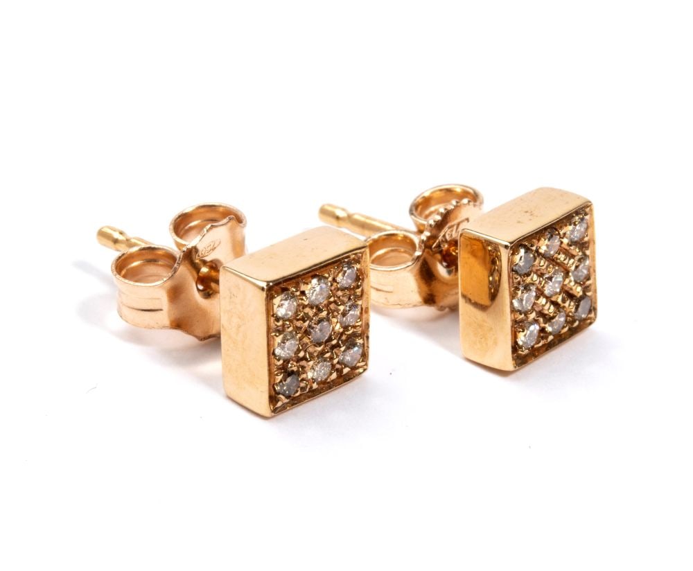 A pair of geometric gold and diamond earrings: A pair of geometric gold and diamond earrings 18k pink gold, square shaped, with pave set round brilliant-cut diamonds, estimated to weigh a total of approx. 0.16 ct, HI colour, SI clarity, as gauged 