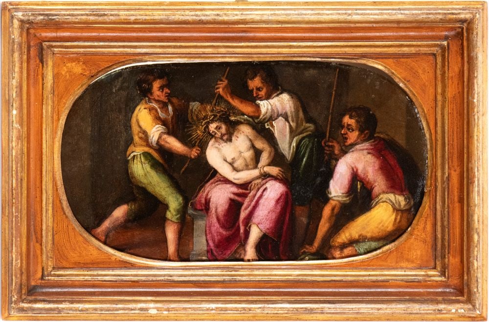 Artista toscano, seconda metà XVI secolo () Cristo coronato di spine: Oil on copper cm. 17x30,5 The work is a typical product of late sixteenth-century Tuscan Mannerism, primarily reflecting the refined pictorial language of Giorgio Vasari and Francesco Salviati. The pa