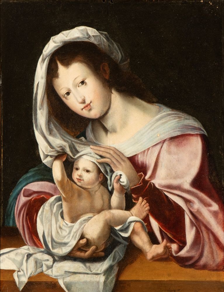 Jan Gossaert il Mabuse (seguace di) (Maubege 1478 - Anversa 1532) Madonna con Bambino: Oil on panel cm. 60x46. Framed The painting bears an illegible inscription in the bottom right-hand corner. Private collection, Rome.