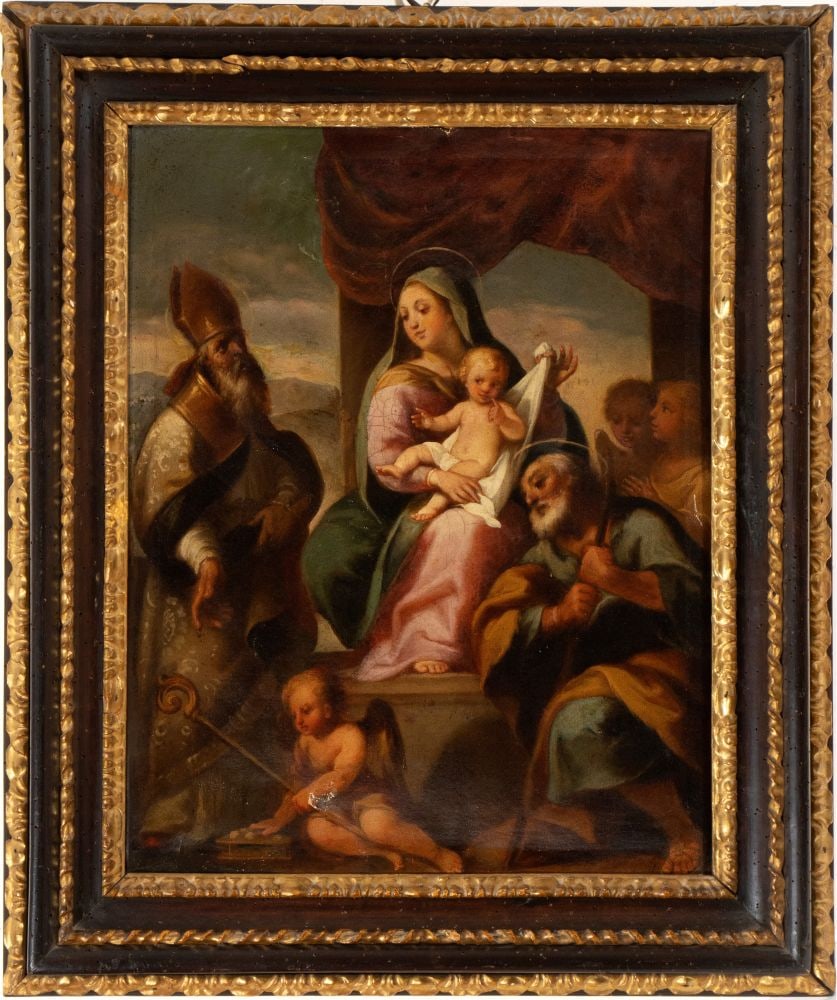 Federico Barocci (seguace di) (Urbino 1535 - 1612) Madonna con Bambino, San Giuseppe, santo vescovo: Oil on canvas cm. 61,5x48,5. Framed Private collection, Rome.