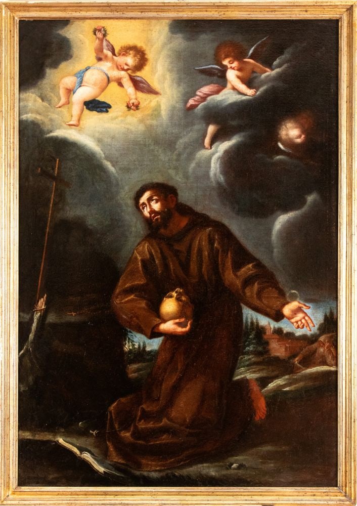 Artista emiliano, XVII secolo () San Francesco in estasi: oil on canvas cm. 145x99,5. Framed Private collection, Rome.
