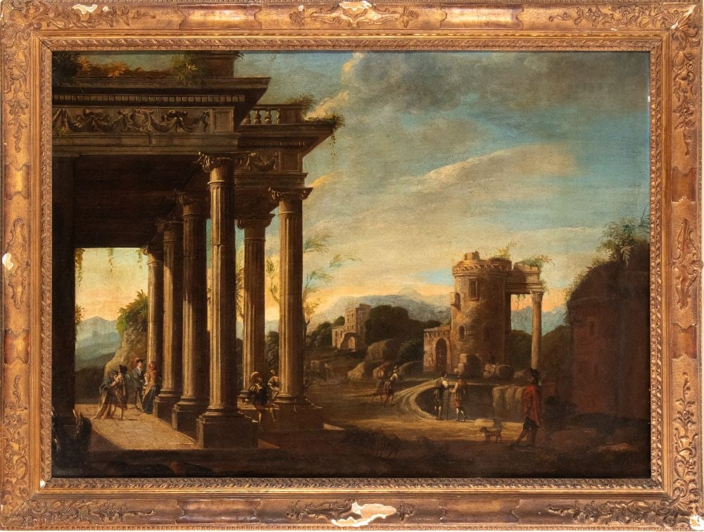 Artista attivo a Roma, seconda metà XVII secolo () Capriccio con portico, ruderi e figure: OIl on canvas cm. 93,5x129,5. Framed Private collection, Rome.