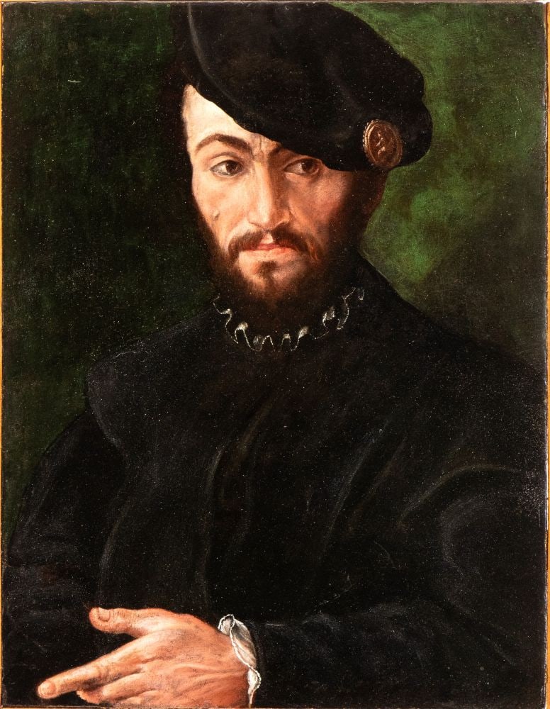 Giulio Campi (attribuito a) (Cremona 1502 - 1572) Ritratto di gentiluomo in nero con berretto (1 of 3)