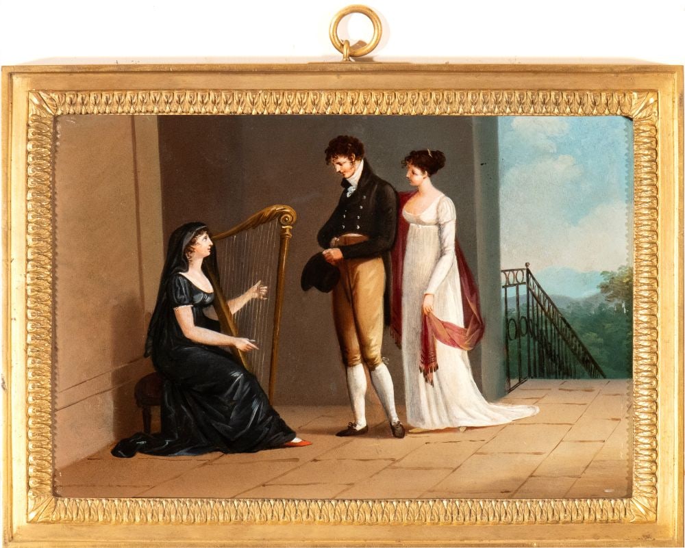 Artista francese, fine XVIII secolo () Giovane coppia elegante in visita ad una suonatrice d'arpa (1 of 5)