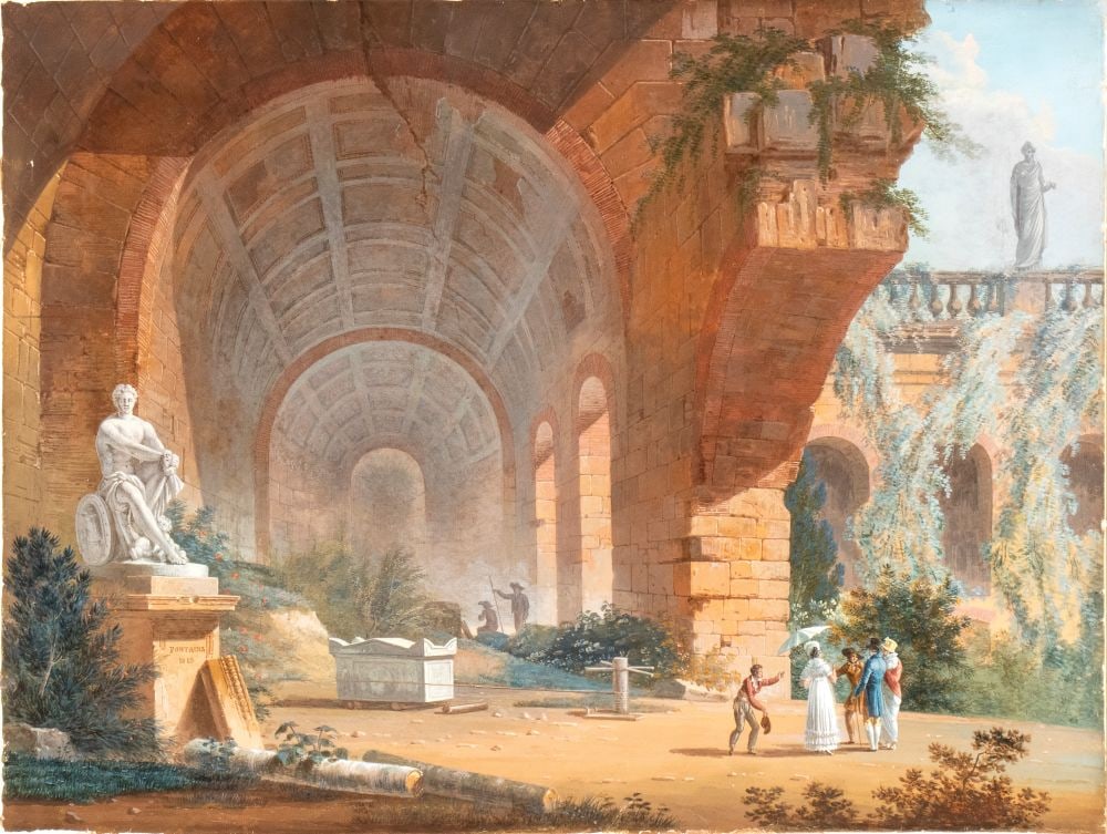 Pierre François Léonard Fontaine (Pontoise 1762 - Parigi 1853) Capriccio con rovine e: Tempera on paper cm. 49x62,5. Framed The painting bears a signature and date on the statue’s pedestal: “FONTAINE / 1815”. W. Apolloni Gallery, Rome; private collection, Rome.