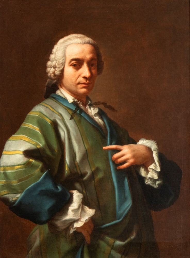Etienne Parrocel detto Le Romain (Avignone 1696 - Roma 1775) Ritratto di gentiluomo in veste da: Oil on canvas cm. 97,5x73. Framed The reverse of the original canvas bears an old brush inscription: “DIPINTO IN ROMA / DA STEFANO PARROCEL / 1751”.This magnificent painting represents one