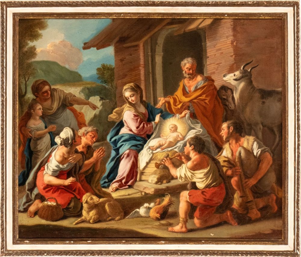 Pietro Bardellino (Napoli 1732 - Napoli 1806) Adorazione dei pastori: Oil on canvas cm. 63,5x76. Framed We are grateful to Professor Riccardo Lattuada for identifying the present painting as an autograph work by Pietro Bardellino.The refined painting under discussion re