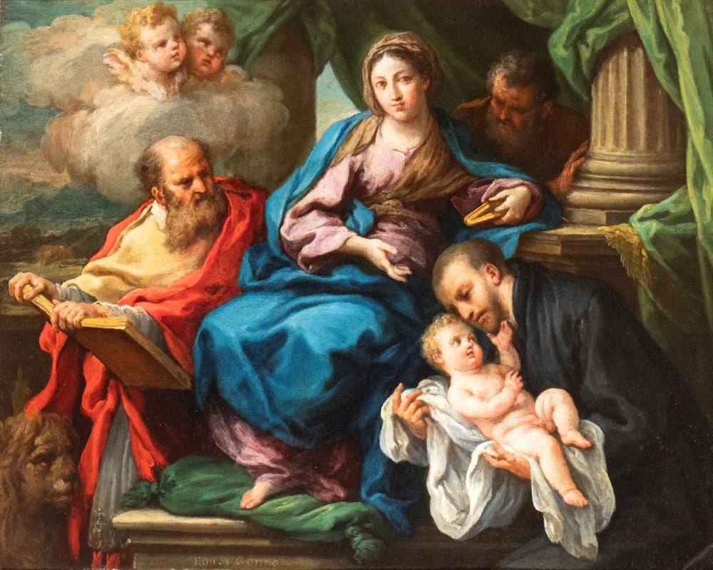 Sebastiano Conca (Gaeta 1680 - Napoli 1764) Sacra Famiglia con Sant'Antonio da Padova e San Marco: Oil on copper cm. 26,6x34,2. Framed The painting bears a brush signature at the lower center: “EQUES CONCA”.After his apprenticeship under Francesco Solimena in Naples, Sebastiano Conca mo