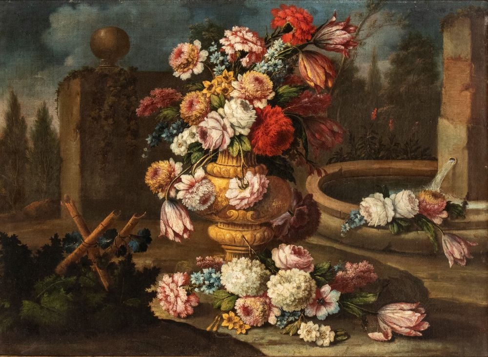 Andrea Belvedere (attribuito a) (Napoli 1652 ca. - 1732) Bouquet di fiori in un vaso presso un (1 of 4)