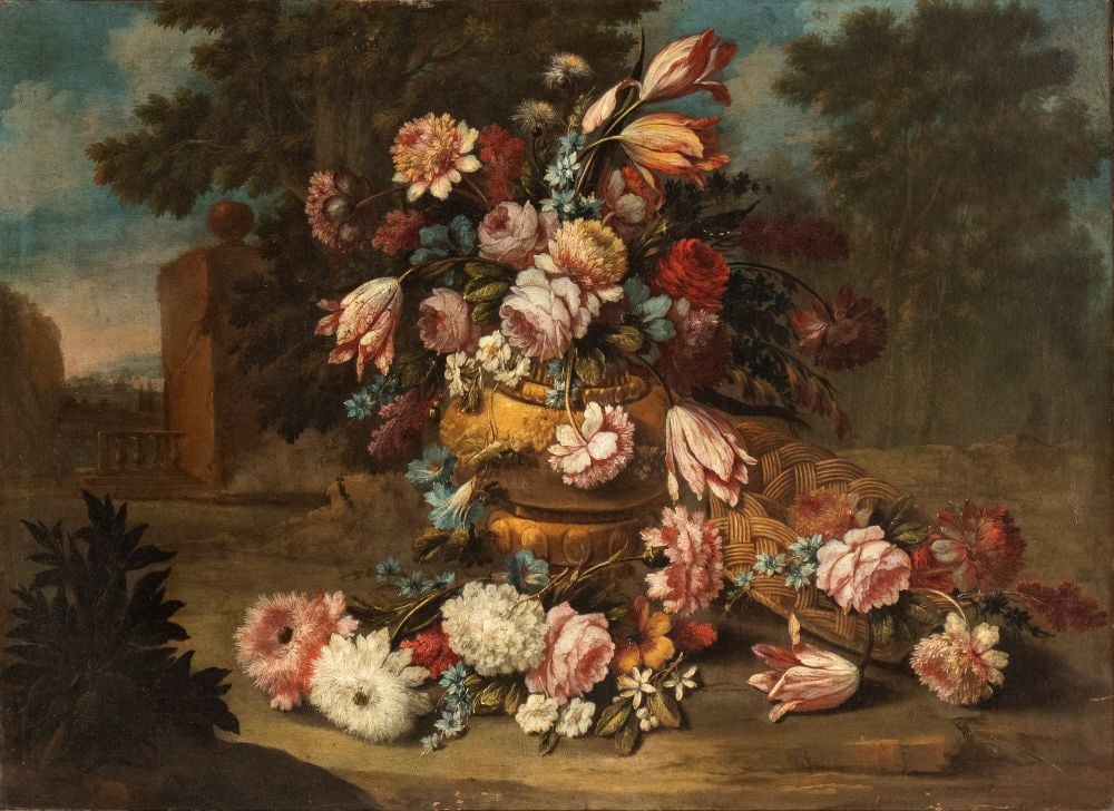 Andrea Belvedere (attribuito a) (Napoli 1652 ca. - 1732) Bouquet di fiori in un vaso con cesto: Oil on canvas cm. 76x103. Framed Private collection, Campania.