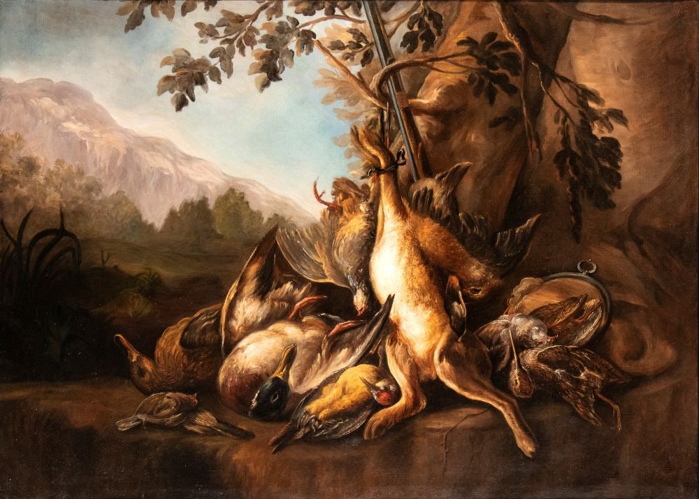 Artista lombardo, XVIII secolo () Trofeo di caccia in un paesaggio (1 of 4)